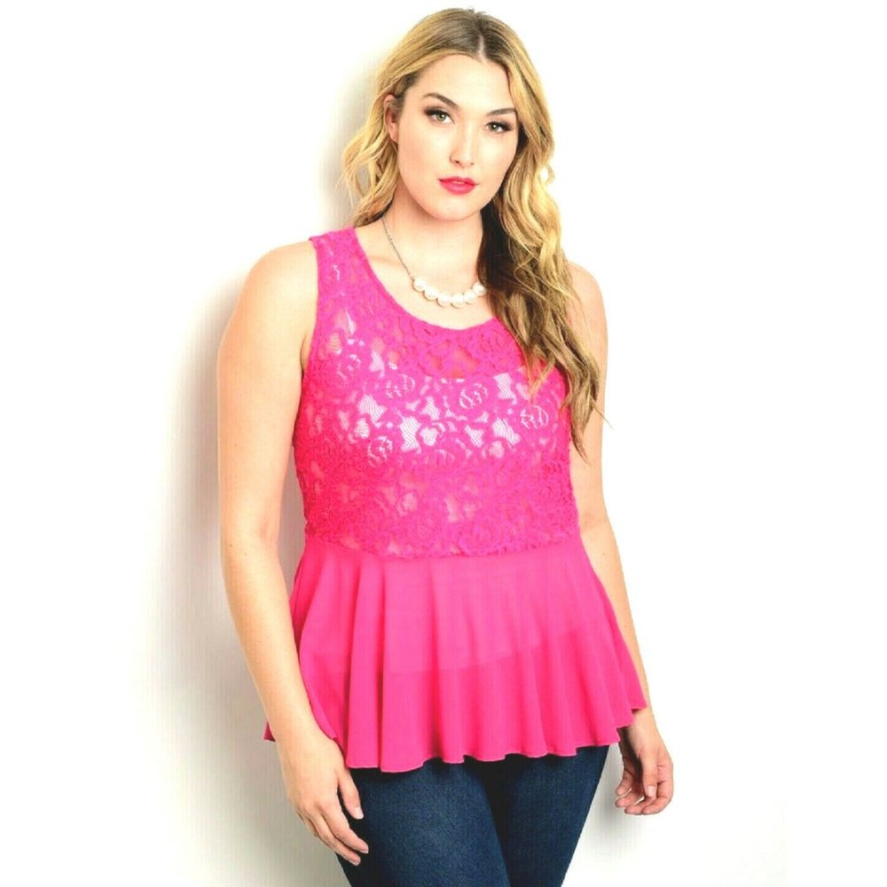 Zenobia Ladies Sheer Peplum Top Sleeveless Asymmetrical Hem Pink Size 2XL  NWT
